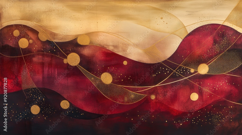 Obraz premium Golden elements, Art, Geometry, Abstract, Color, Color mixing, Watercolor, Gold dots, Gold lines, Dark red, Golden brown 
