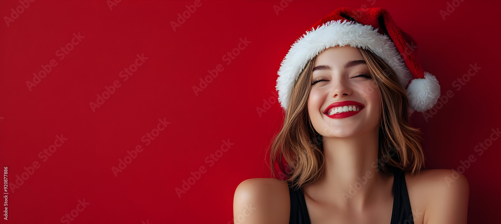 Cheerful woman in a Christmas hat smiles against a vibrant red background, embodying the spirit of the holiday season. Cheerful woman in a Christmas hat smiles against a vibrant red background, embodying the spirit of the holiday season.