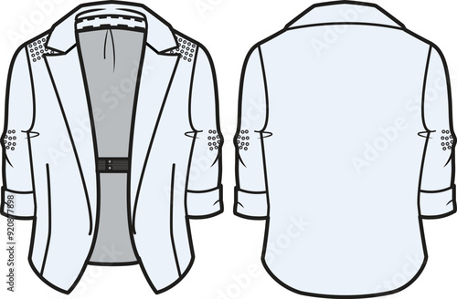 Blazer jacket front and back part flat sketch technical drawing vector illustration template