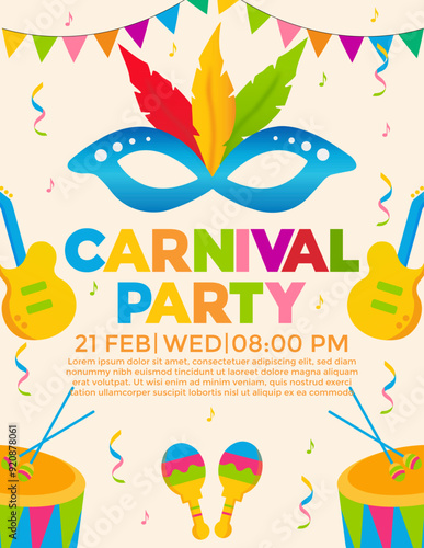 carnival party invitation flyer design with mask, feathers, guitar, drum, confetti and flags for party. Mardi Gras festive, carnival, festival, parade. template for design invitation banners