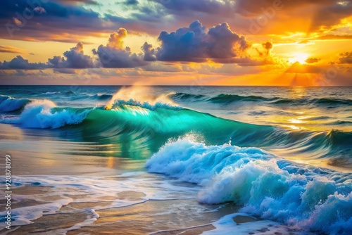 Serene turquoise ocean waves crash against the shore at sunset, mirroring the energetic, pulsing rhythm of a deep house bassline in perfect harmony. photo