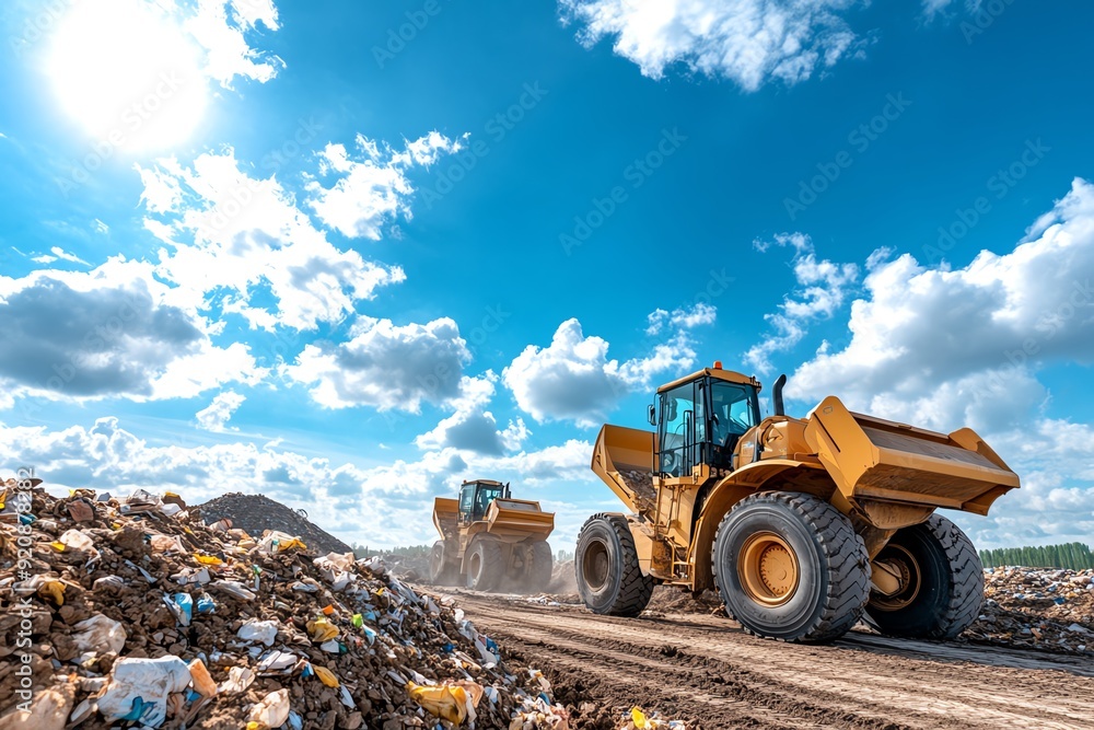 Heavy machinery working on a construction site under a bright blue sky, moving dirt and debris efficiently. Heavy machinery working on a construction site under a bright blue sky, moving dirt and debris efficiently.