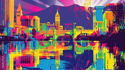 Vibrant cityscape of Reno, Nevada with colorful reflections in the river against a mountainous backdrop