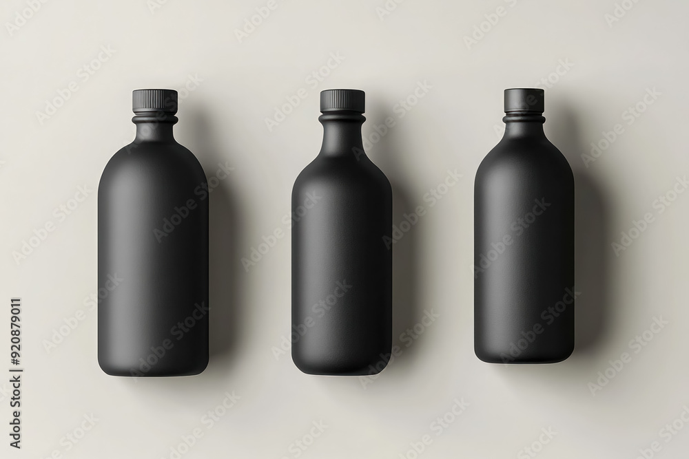three black matte bottles on light background three black matte bottles on light background