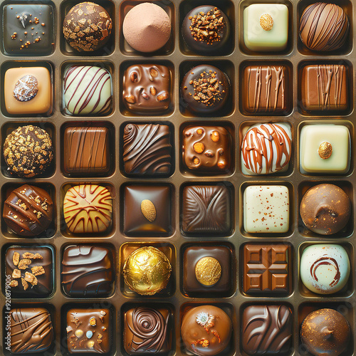 A pattern of various types and shapes of chocolates, arranged in an overhead view to create the illusion that they fill up all areas of space.  photo