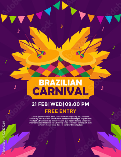 carnival party invitation flyer design with feathers, drum and flags for party. Mardi Gras festive, carnival, festival, parade. template for design invitation banners