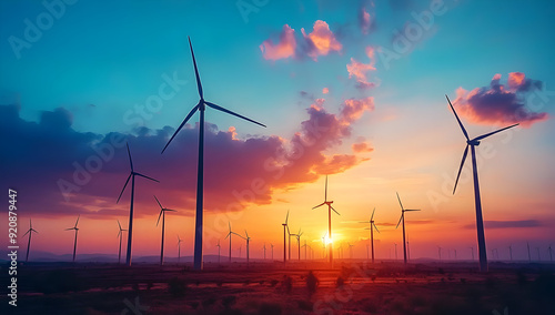 Stunning sunset view over a landscape filled with wind turbines, showcasing renewable energy and vibrant colors in the sky.