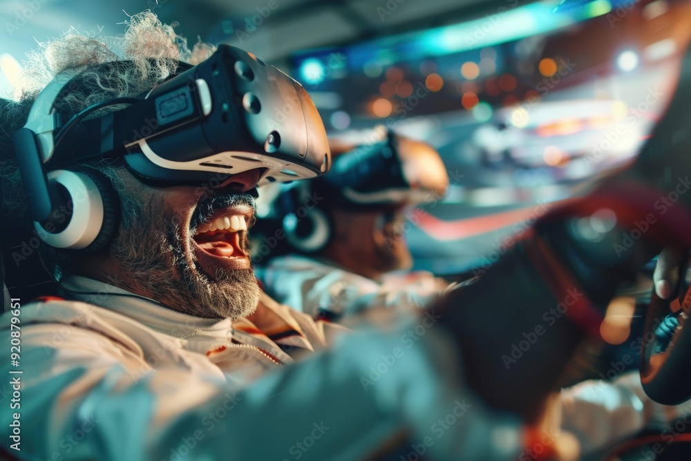 Couple experiencing virtual reality racing game Couple experiencing virtual reality racing game
