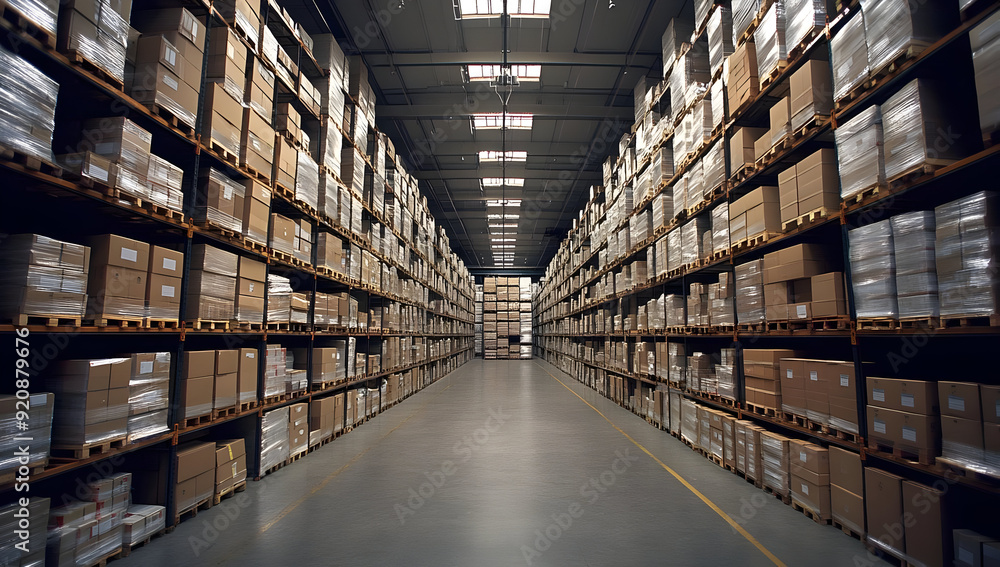 Wide view of an organized warehouse aisle filled with neatly stacked cardboard boxes and shelving units under bright lights. Wide view of an organized warehouse aisle filled with neatly stacked cardboard boxes and shelving units under bright lights.