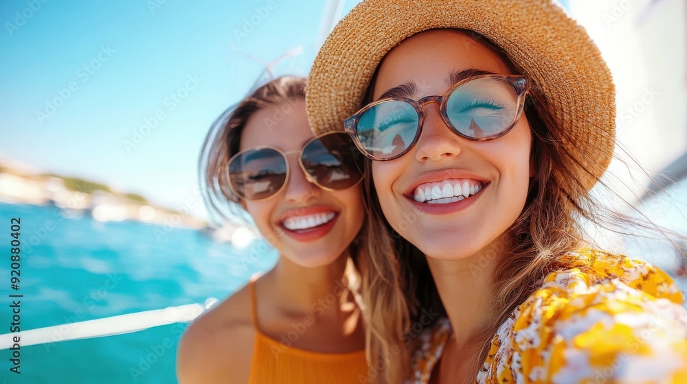 Two friends wearing sunglasses, smiling brightly as they enjoy a sunny day out on a boat, highlighting a moment of friendship and joy on the water under the clear blue sky. Two friends wearing sunglasses, smiling brightly as they enjoy a sunny day out on a boat, highlighting a moment of friendship and joy on the water under the clear blue sky.
