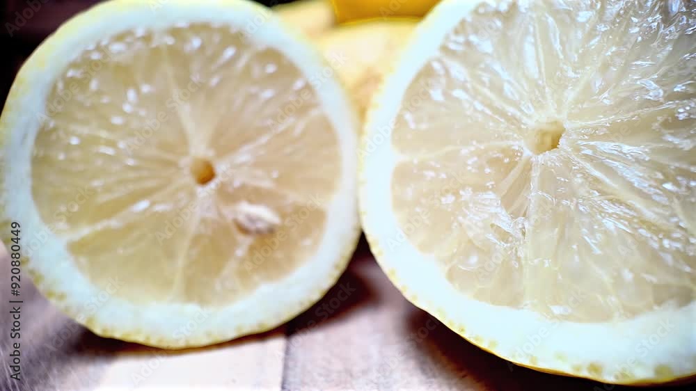 Fresh Half cut lemon, on wooden board in kitchen. Slow motion shot Fresh Half cut lemon, on wooden board in kitchen. Slow motion shot