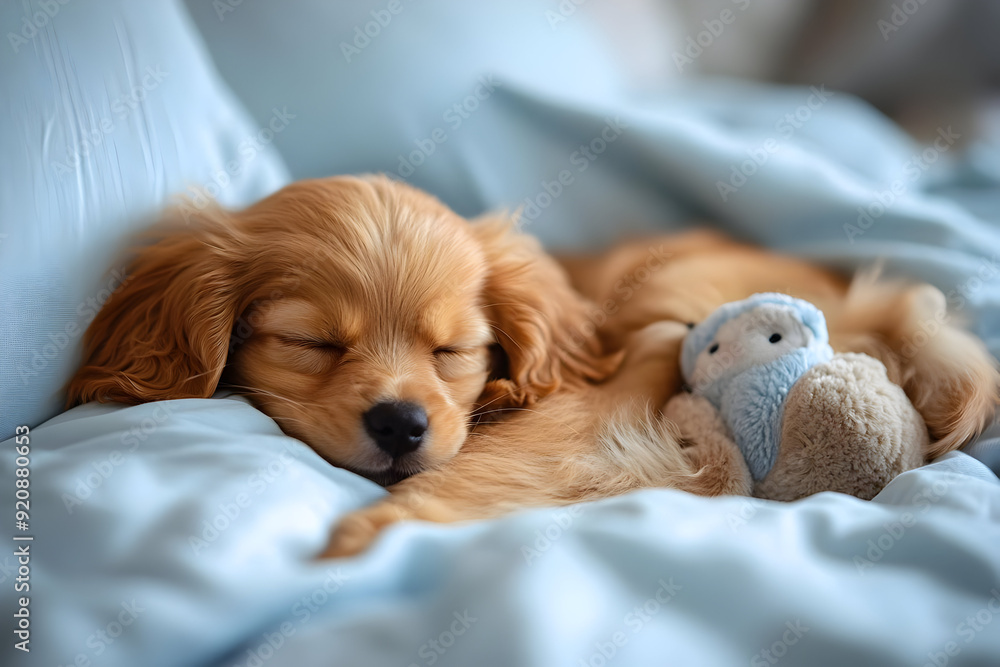 A cute puppy peacefully sleeping on a soft blanket, cuddling with a plush toy in a cozy setting. A cute puppy peacefully sleeping on a soft blanket, cuddling with a plush toy in a cozy setting.