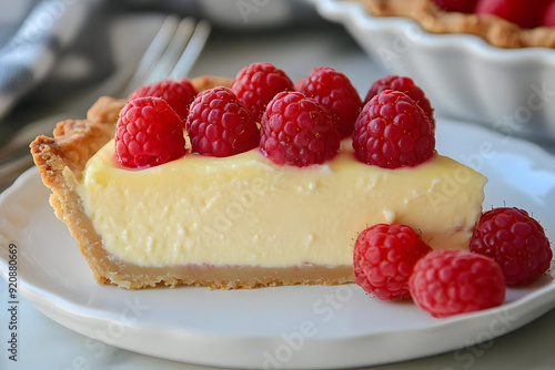 Delicious raspberry cream pie slice on a plate, topped with fresh raspberries, perfect for dessert lovers and special occasions.