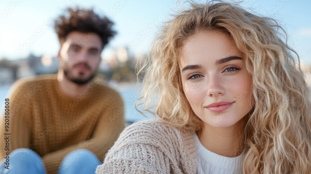 A young woman with curly hair smiles gently, while a slightly blurred man in similar casual attire is seen in the background, implying a relaxed and pleasant atmosphere. A young woman with curly hair smiles gently, while a slightly blurred man in similar casual attire is seen in the background, implying a relaxed and pleasant atmosphere.