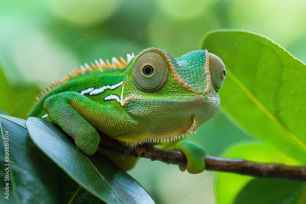 Obraz premium A detailed close-up of a vibrant green chameleon with mesmerizing patterns resting on a leafy tree branch.