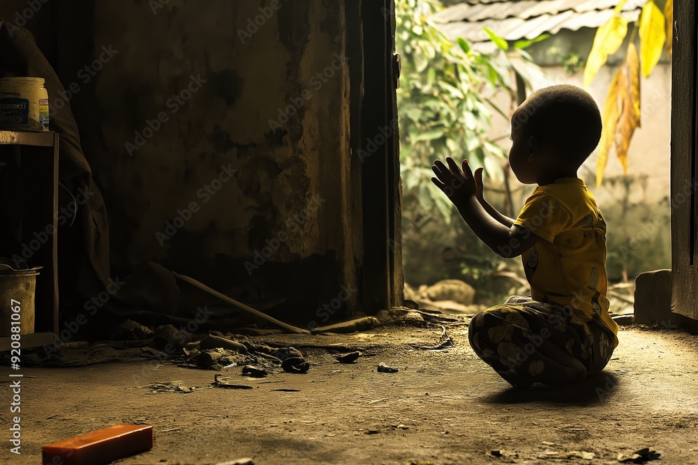 Fototapeta premium A child wearing a yellow shirt kneels on the floor of a rustic room, clapping hands in an enchanting scene of innocence.