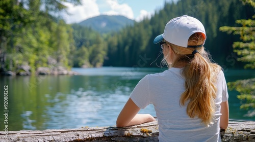 A woman wearing a white cap and a ponytail enjoys the scenic view of a mountain lake, standing by a rustic wooden fence, surrounded by a lush forest scene.