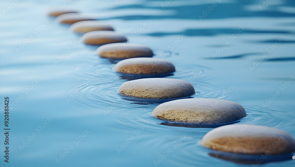 Peaceful scene of stones aligned in calm water, creating a soothing pathway. Perfect for tranquility and nature-themed projects. Peaceful scene of stones aligned in calm water, creating a soothing pathway. Perfect for tranquility and nature-themed projects.