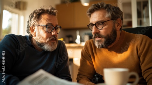 Two middle-aged bearded men, one in orange and one in dark blue, are having a deep conversation while reading a newspaper together in a cozy indoor setting.