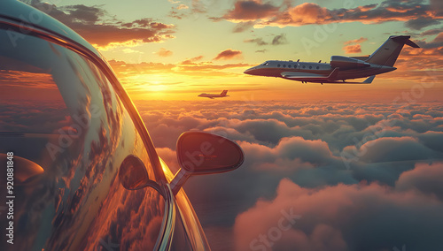 A stunning sunset view from a car with a private jet flying above the clouds, showcasing luxury and freedom in travel. photo