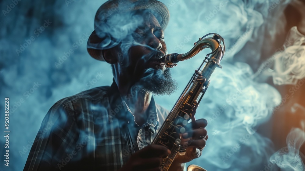 Obraz premium A man playing a saxophone with smoke in the background