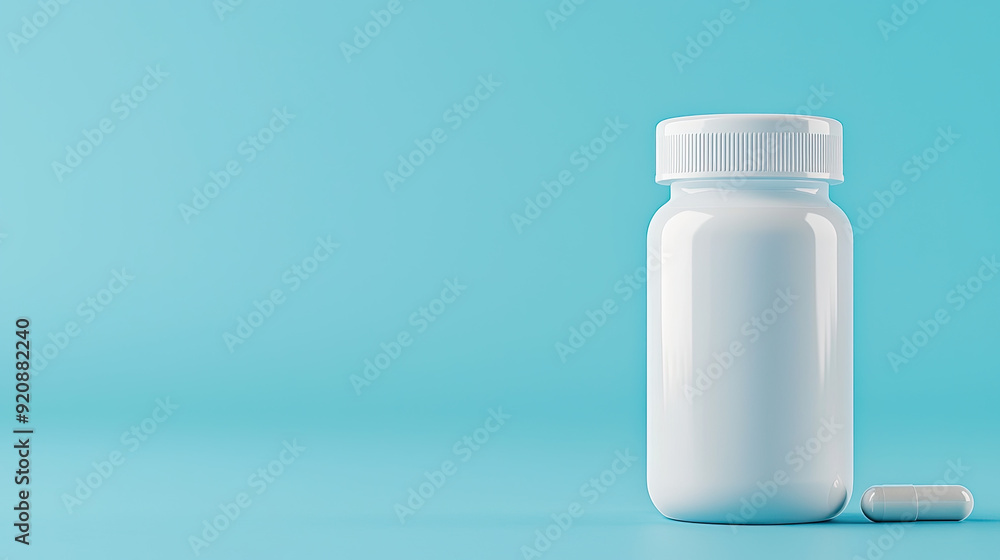 A clean and minimalist image of a white medicine bottle and a single pill on a blue background, perfect for wellness themes. A clean and minimalist image of a white medicine bottle and a single pill on a blue background, perfect for wellness themes.