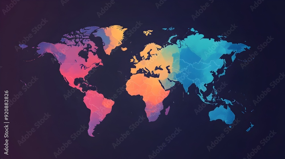 Vibrant Gradient World Map with Warm and Cool Tonal Transitions Across Continents and Regions Vibrant Gradient World Map with Warm and Cool Tonal Transitions Across Continents and Regions