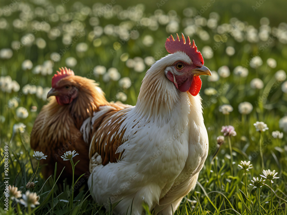 Fototapeta premium Chickens grazing on a pasture