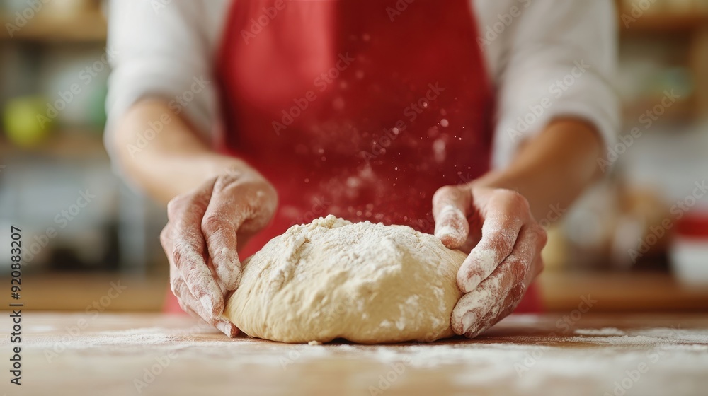 In this dynamic image, hands are seen skillfully molding fresh dough while a puff of flour dust flies off, symbolizing the energy and creativity involved in home baking in a cozy kitchen. In this dynamic image, hands are seen skillfully molding fresh dough while a puff of flour dust flies off, symbolizing the energy and creativity involved in home baking in a cozy kitchen.