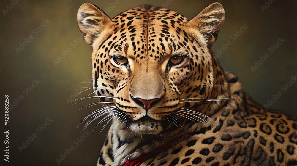 Obraz premium A close-up portrait of a leopard. It is looking directly at the camera with a serious expression.