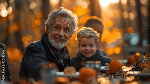 Grandfather and Grandson Enjoying Autumn Feast
