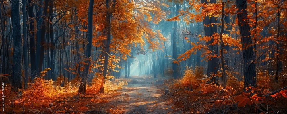Pathway through a forest with autumn canopy Pathway through a forest with autumn canopy