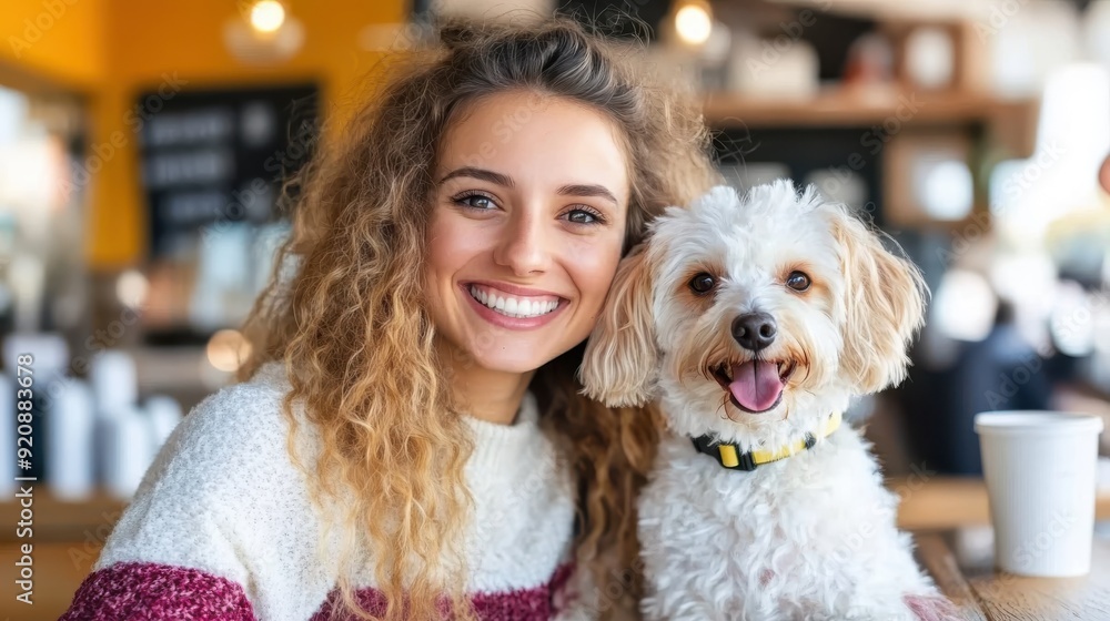 A young woman smiles while sitting in a cafe with her small dog, both looking happy. The image captures companionship, joy, and the warmth of a cozy cafe setting. A young woman smiles while sitting in a cafe with her small dog, both looking happy. The image captures companionship, joy, and the warmth of a cozy cafe setting.