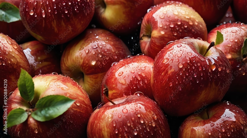 A close up of a pile of red apples, with water droplets on them. A close up of a pile of red apples, with water droplets on them.