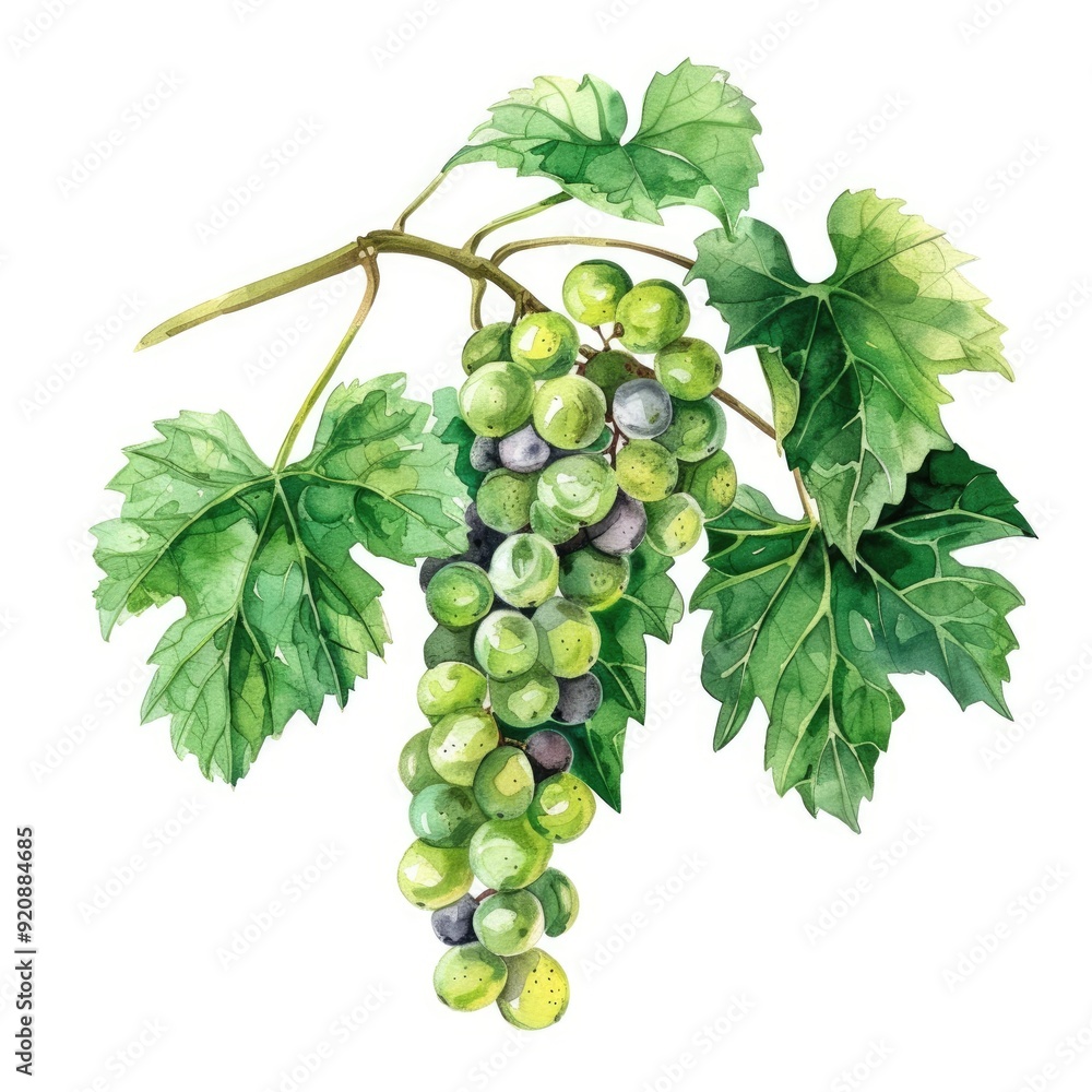Fototapeta premium Botanical Vine Watercolor Illustration with Green Leaves and Grape Cluster