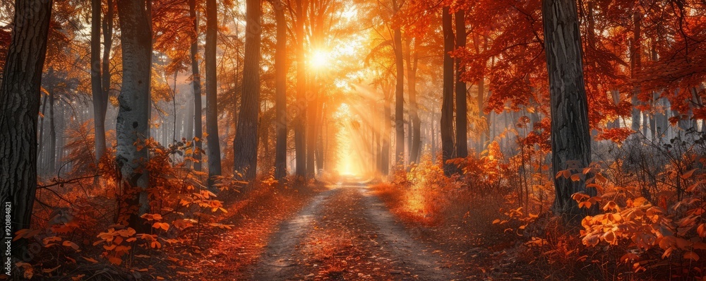 Pathway through an autumn forest at sunrise Pathway through an autumn forest at sunrise