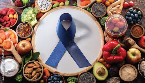 A blue awareness ribbon amidst fresh fruits and vegetables signifies health and wellness advocacy, world diabeted day cancept photo