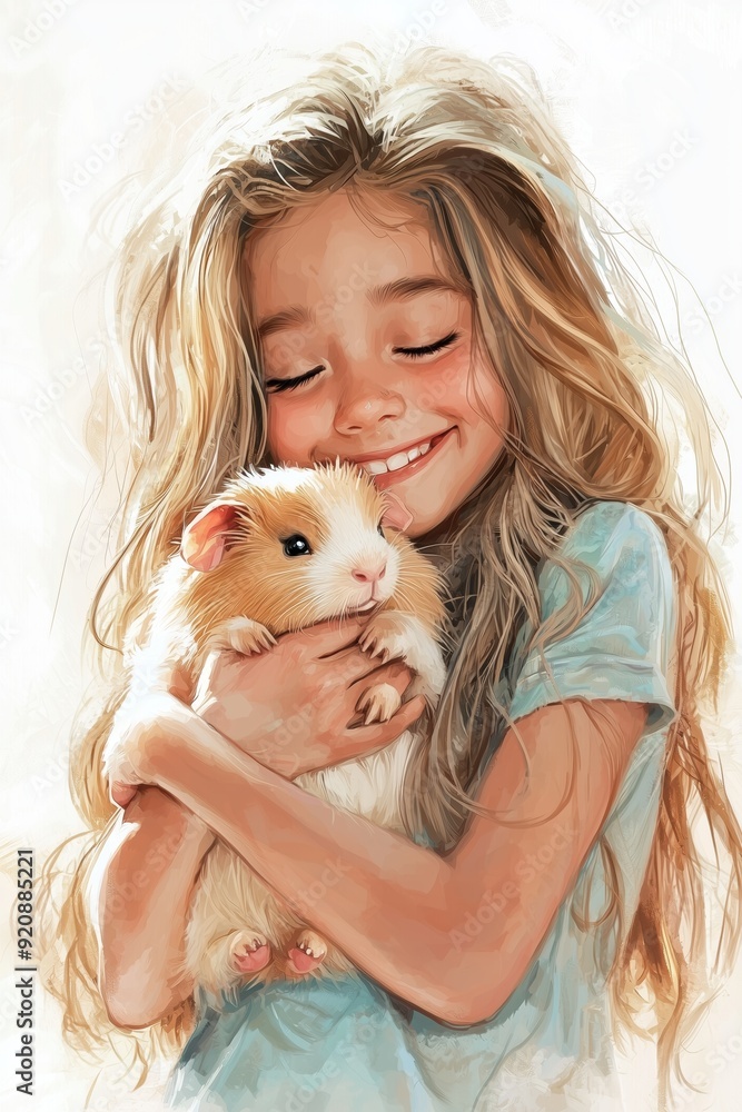 Adorable Girl with Long Brown Hair Cuddling Cute Fluffy Guinea Pig | Soft Pastel Color Palette Cartoon Style Illustration | Perfect for Animal Lovers and Kids' Themed Designs & Projects Adorable Girl with Long Brown Hair Cuddling Cute Fluffy Guinea Pig | Soft Pastel Color Palette Cartoon Style Illustration | Perfect for Animal Lovers and Kids' Themed Designs & Projects