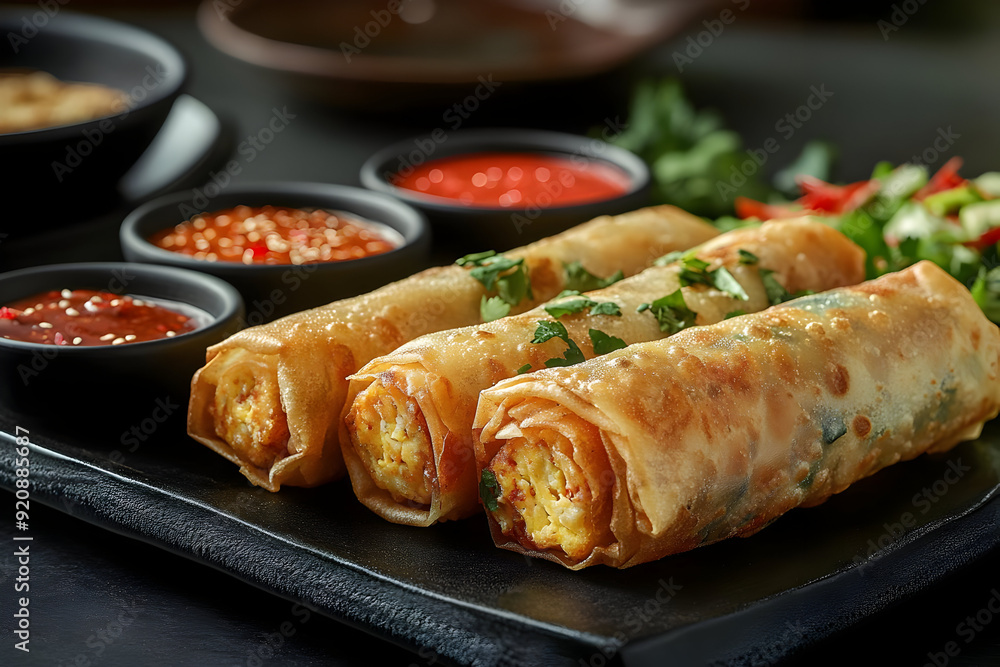 Delicious crispy spring rolls served with vibrant sauces and fresh herbs, perfect for any Asian-inspired meal. Delicious crispy spring rolls served with vibrant sauces and fresh herbs, perfect for any Asian-inspired meal.