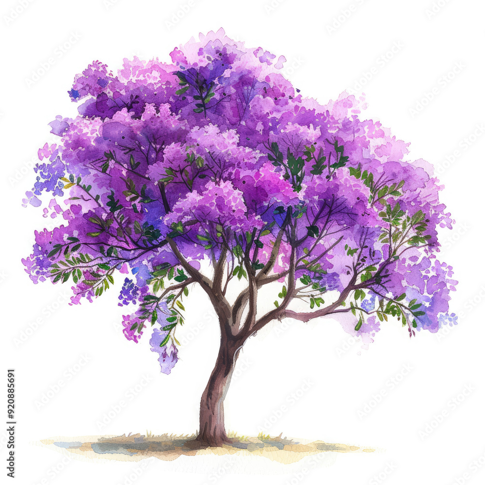 Fototapeta premium Watercolor Depiction of a Colorful Jacaranda Tree with Lavender Blossoms