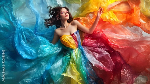 conceptual dress model made of recycled plastic, cilophane, girl, World Environment Day