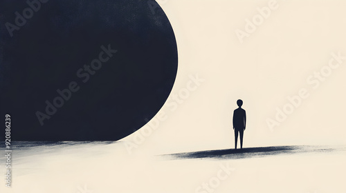 A minimalist illustration of a person standing in front of a large, dark void, symbolizing feelings of emptiness and existential dread.


 photo