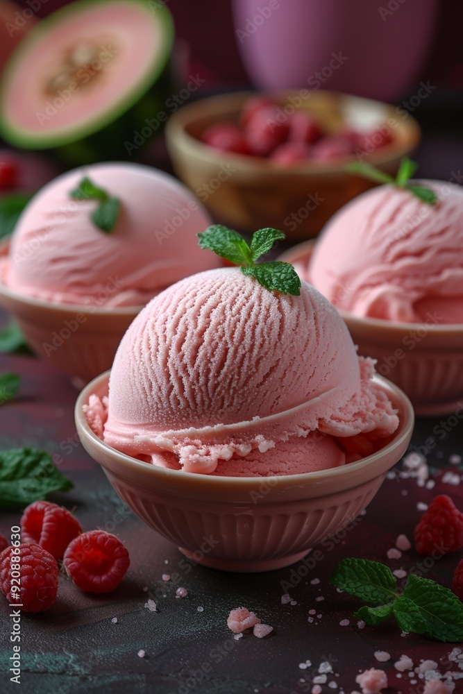 Close-up of pink ice cream with mint Close-up of pink ice cream with mint