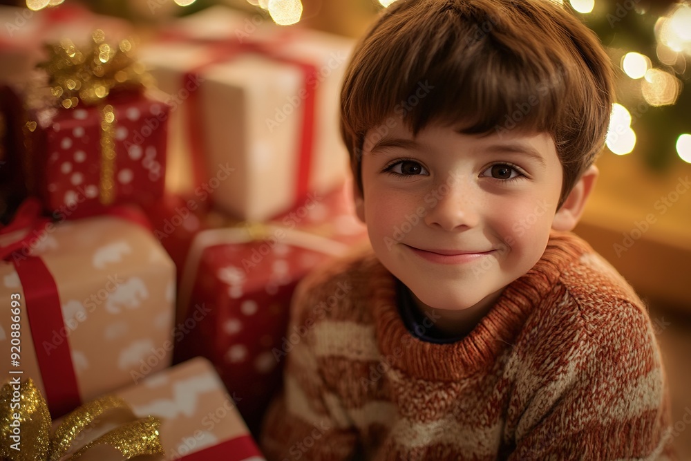 Boy with a warm smile surrounded by Christmas gifts Boy with a warm smile surrounded by Christmas gifts
