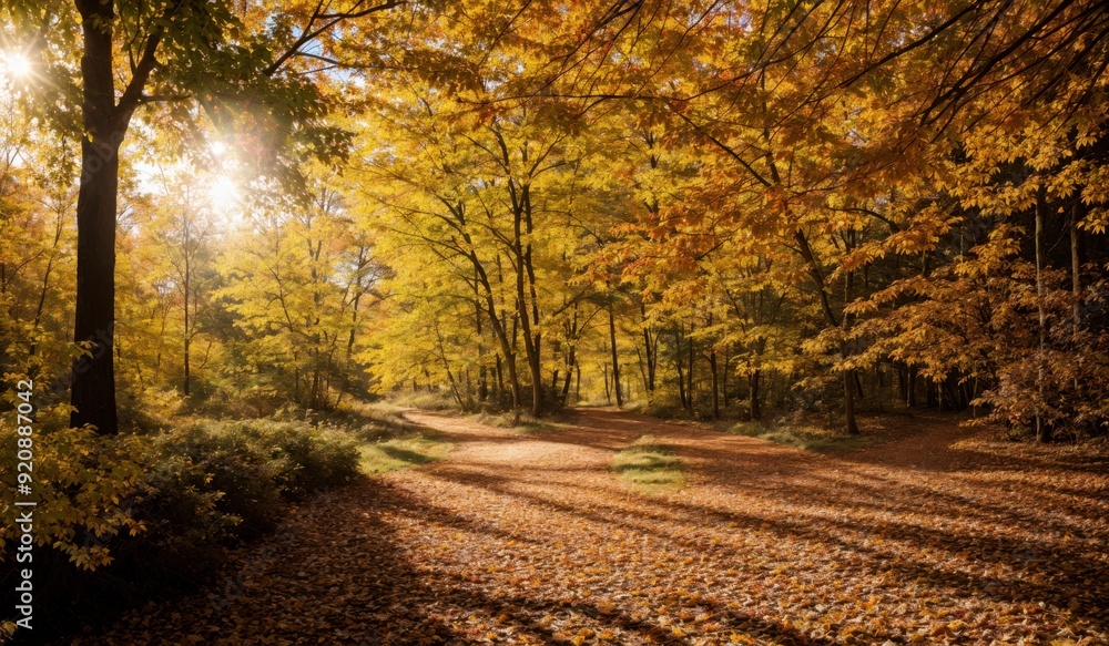 Naklejka premium Bright forest pathway meandering through vivid autumn leaves under sun 