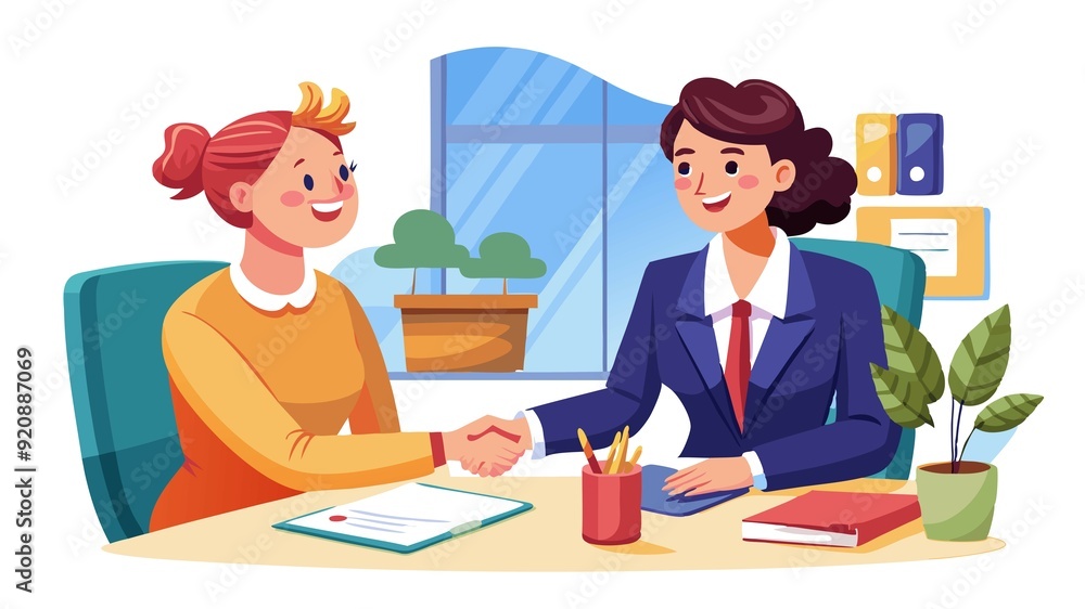 A confident businesswoman takes charge, securing a successful deal with a handshake. A confident businesswoman takes charge, securing a successful deal with a handshake.