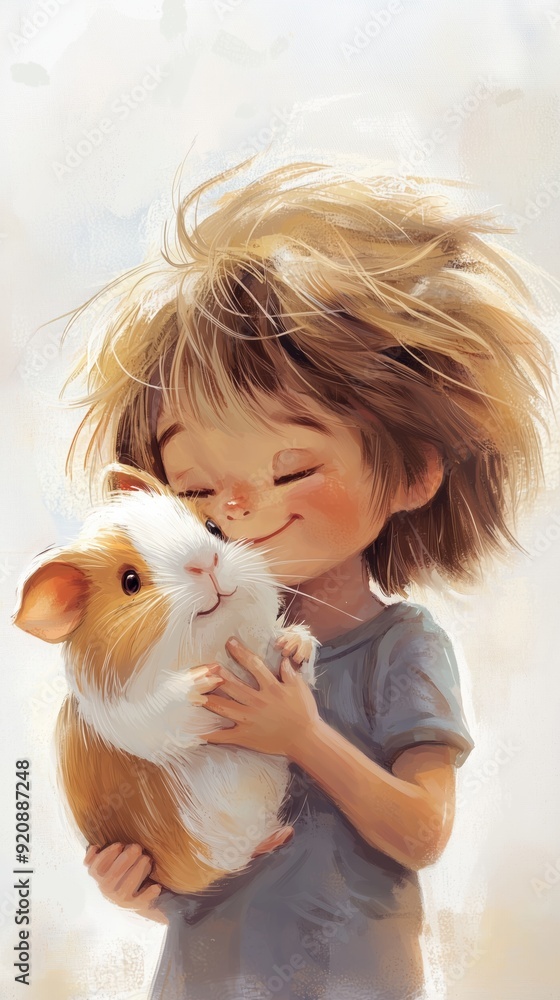 Adorable Boy with Long Hair Hugging Cute Guinea Pig | Gentle Smile | Cartoon Illustration | Soft Color Palette on White Background | Perfect for Family, Pet, and Children Themes Adorable Boy with Long Hair Hugging Cute Guinea Pig | Gentle Smile | Cartoon Illustration | Soft Color Palette on White Background | Perfect for Family, Pet, and Children Themes