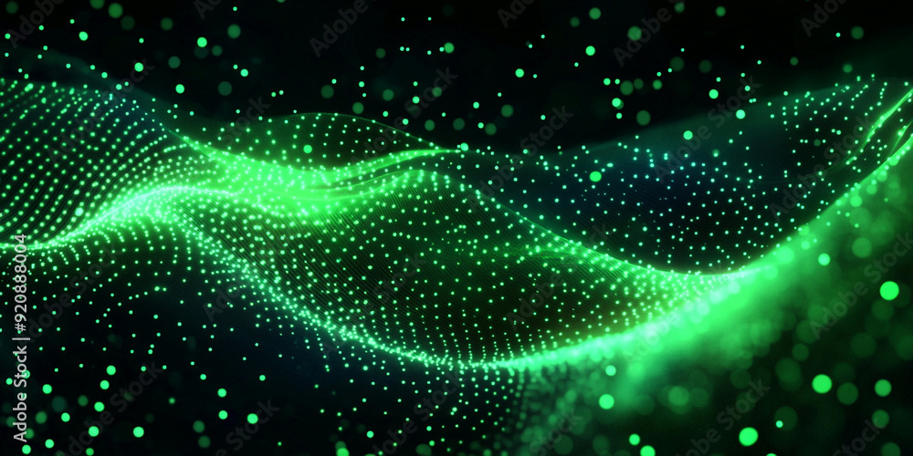 Green digital particles wave in the background with dots and lines, a futuristic design for technology or science themes Green digital particles wave in the background with dots and lines, a futuristic design for technology or science themes