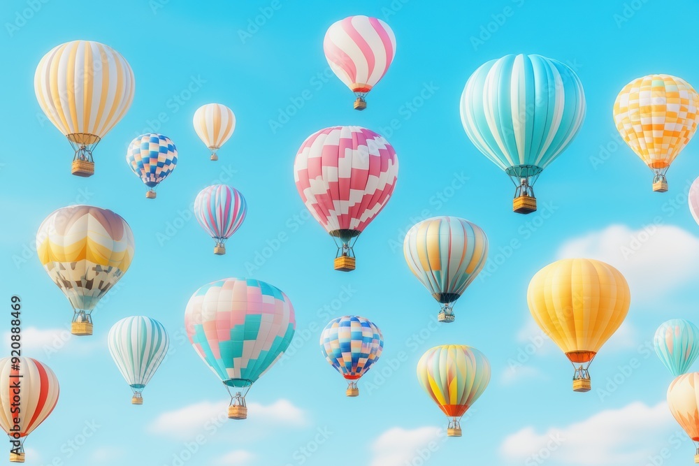 Colorful hot air balloons floating over a lush, green landscape under a clear blue sky, creating a peaceful and picturesque scene. Colorful hot air balloons floating over a lush, green landscape under a clear blue sky, creating a peaceful and picturesque scene.