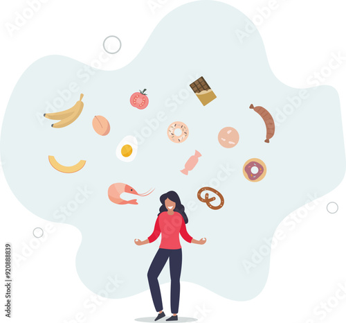 Choose vegetables and fruits with vitamins for weight loss and wellness.flat design with people.
